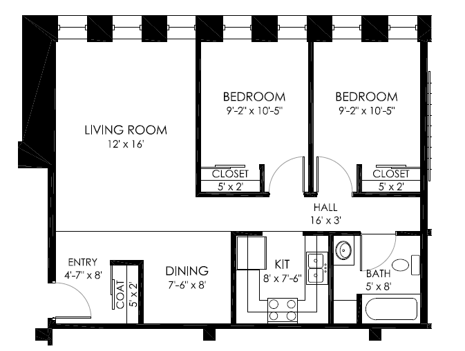 Floor plan for 2 beds, 1 bath, 850 sqft